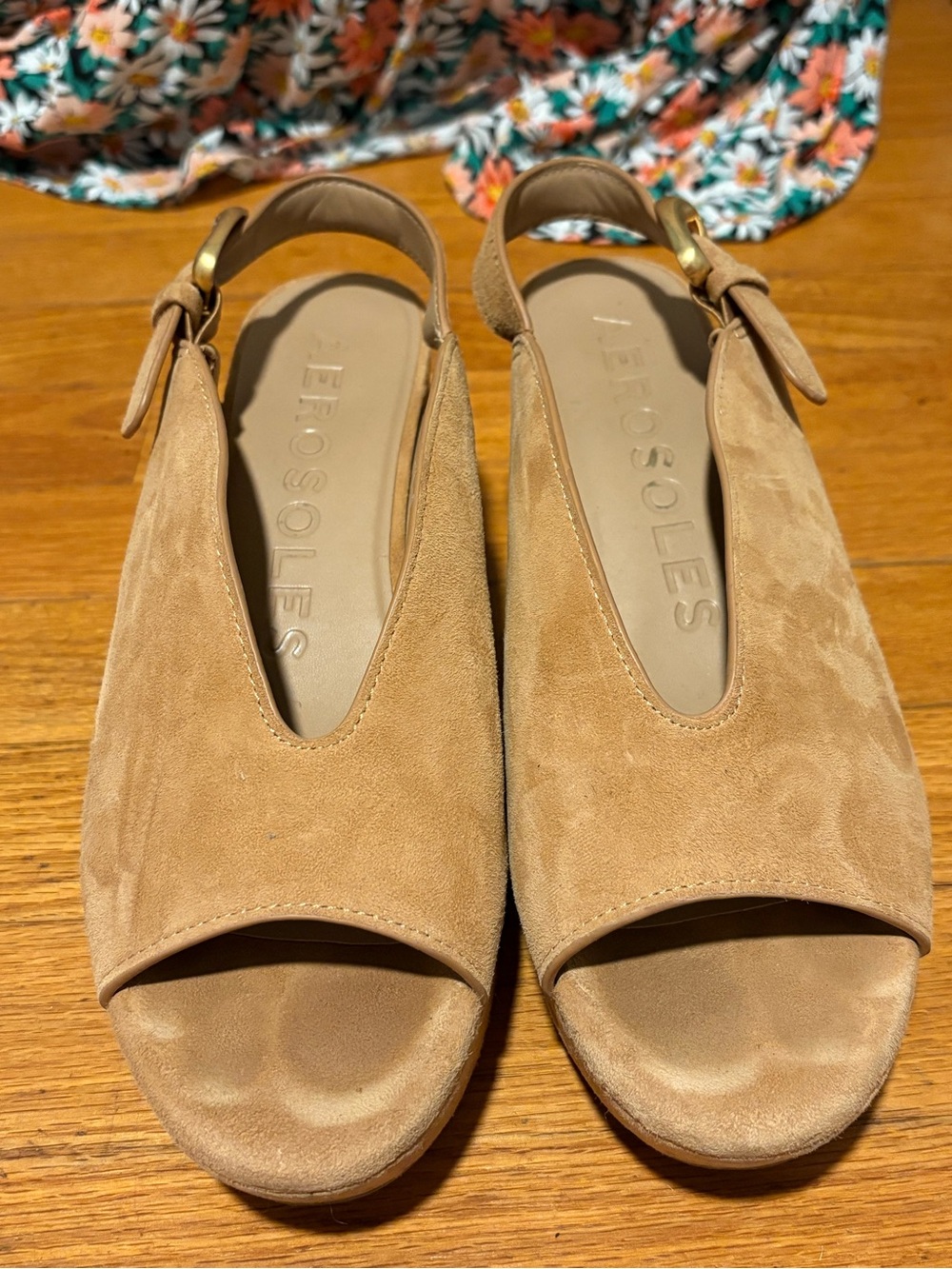 AEROSOLES Tan Suede Peep-Toe Slingback Mules